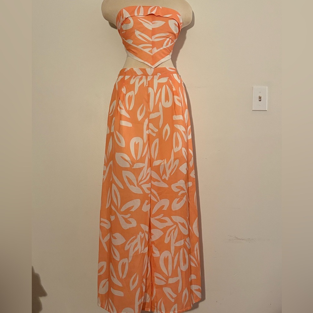 Orange and White Leaf Print Palazzo Pants Two Piece Set